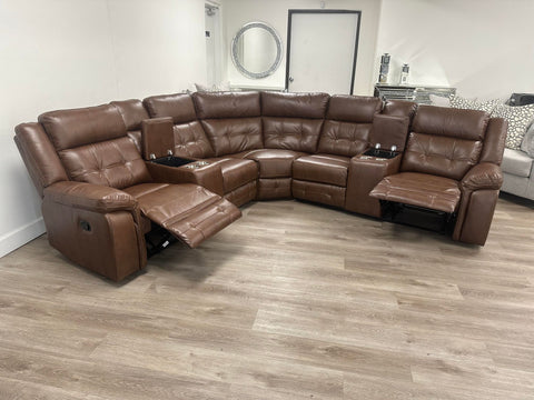 Soft saddle brown leather reclining sectional with cup holders