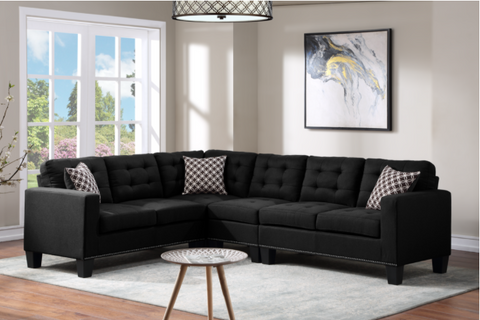 Logan Collection Black Linen Tufted Sectional w/Nailhead Trim & Accent Pillows