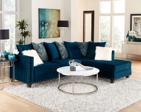 2pc Blue Velvet Sectional w/Nailhead Trim, Chaise Lounge & Coordinated Accent Pillows