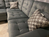 Logan Collection Grey Velvet Tufted Sectional w/Nailhead Trim & Accent Pillows