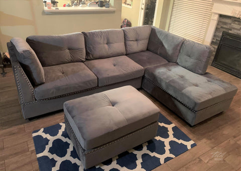 Silver (Grey) Velvet Tufted Sectional w/Nailhead Accents & Ottoman