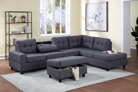 Grey reversible linen sectional with drop down cup holders and storage ottoman