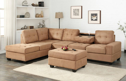 Taupe reversible microfiber sectional with drop down cup holders and storage ottoman