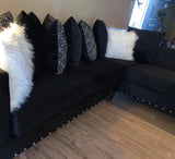2pc Black Velvet Sectional w/Nailhead Trim, Chaise Lounge & Coordinated Accent Pillows
