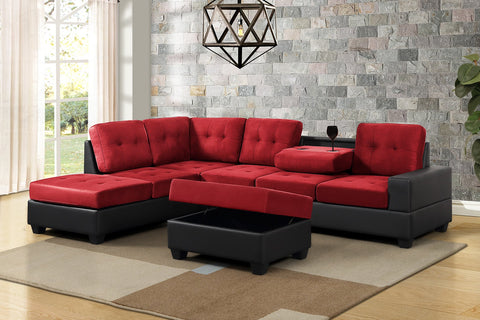Red reversible microfiber sectional with drop down cup holders and storage ottoman
