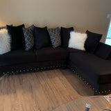 2pc Black Velvet Sectional w/Nailhead Trim, Chaise Lounge & Coordinated Accent Pillows