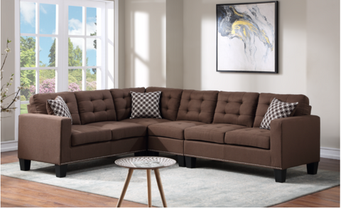 Logan Collection Brown Linen Tufted Sectional w/Nailhead Trim & Accent Pillows