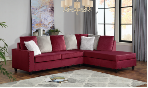 Modern Style Red Velvet Sectional w/Nailhead Trim & Reversible Chaise Lounge