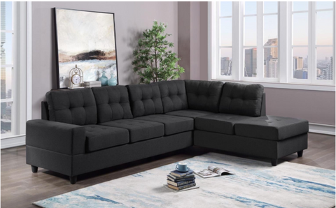 James Collection Tufted Black Linen Sectional w/Reversible Chaise Lounge