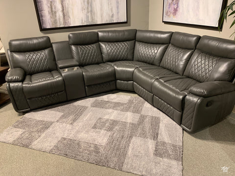 Soft grey leather reclining sectional with cup holders