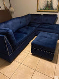 Blue Velvet Tufted Sectional w/Nailhead Accents & Ottoman