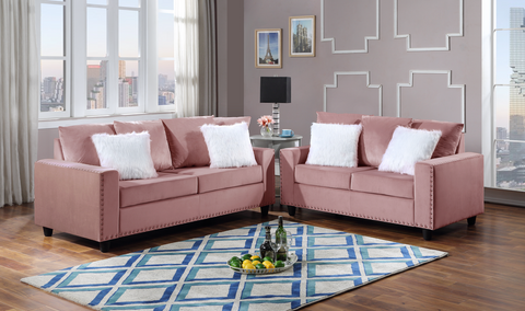 Cinderella Collection Pink Velvet Sofa & Loveseat w/Nailhead Trim