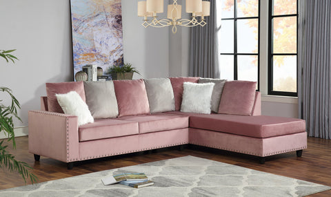 Modern Style Pink Velvet Sectional w/Nailhead Trim & Reversible Chaise Lounge