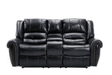 Rich black leather reclining sofa, loveseat and recliner chair with traditional nailhead accent