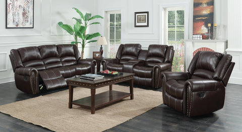 Rich brown leather reclining sofa, loveseat and recliner chair with traditional nailhead accent