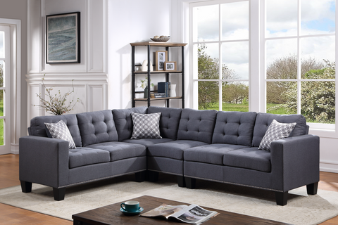 Logan Collection Grey Linen Tufted Sectional w/Nailhead Trim & Accent Pillows