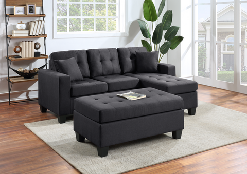 Naomi Collection Tufted Reversible Black Linen Sectional w/Matching Ottoman