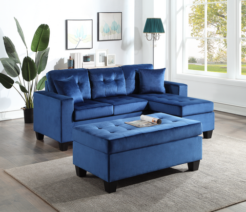 Naomi Collection Tufted Reversible Blue Linen Sectional w/Matching Ottoman