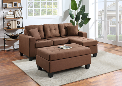 Naomi Collection Tufted Reversible Brown Linen Sectional w/Matching Ottoman
