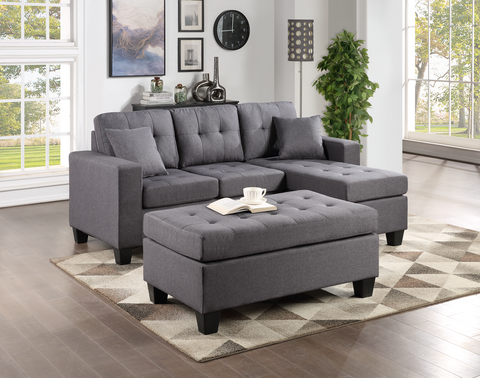 Naomi Collection Tufted Reversible Grey Linen Sectional w/Matching Ottoman
