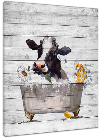 HVEST Funny Cow Wall Art Framed Watercolor Animal Cattle White Daisy Floral in Retro Bathtub on Rustic Plank Canvas Abstract