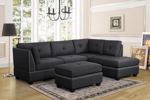 Pewter Grey Linen Tufted Sectional w/Nailhead Accents & Ottoman