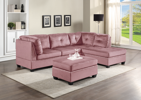 Pink Velvet Tufted Sectional w/Nailhead Accents & Ottoman