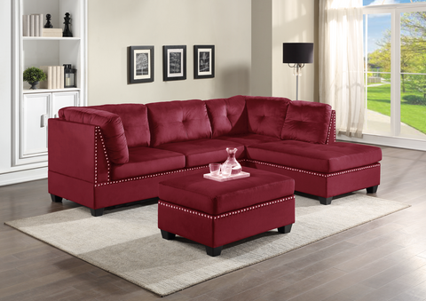 Red Velvet Tufted Sectional w/Nailhead Accents & Ottoman