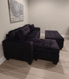 Naomi Collection Tufted Reversible Black Velvet Sectional w/Matching Ottoman