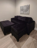 Naomi Collection Tufted Reversible Black Velvet Sectional w/Matching Ottoman