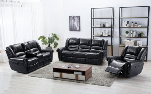 Rich black leather reclining sofa, loveseat and recliner chair with traditional nailhead accent